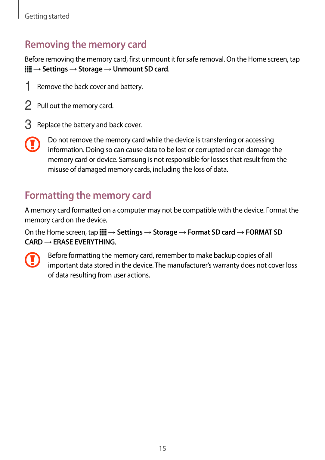 Samsung SM-G360FZSATIM manual Removing the memory card, Formatting the memory card, →Settings →Storage →Unmount SD card 