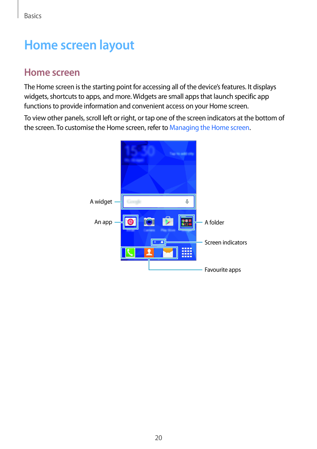 Samsung SM-G360FHAAMEO, SM-G360FZSAXEF, SM-G360FHAASFR, SM-G360FHAAVGF, SM-G360FZWAVGF, SM-G360FHAAXEF manual Home screen layout 