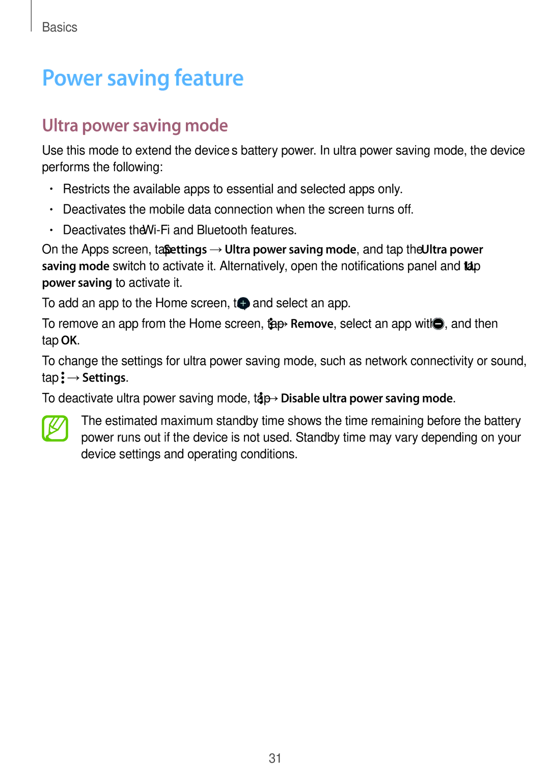 Samsung SM2G360FZSABGL, SM-G360FZSAXEF, SM-G360FHAASFR, SM-G360FHAAVGF manual Power saving feature, Ultra power saving mode 