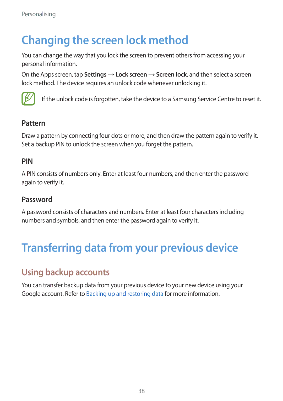 Samsung SM-G360FZWASEE Changing the screen lock method, Transferring data from your previous device, Using backup accounts 