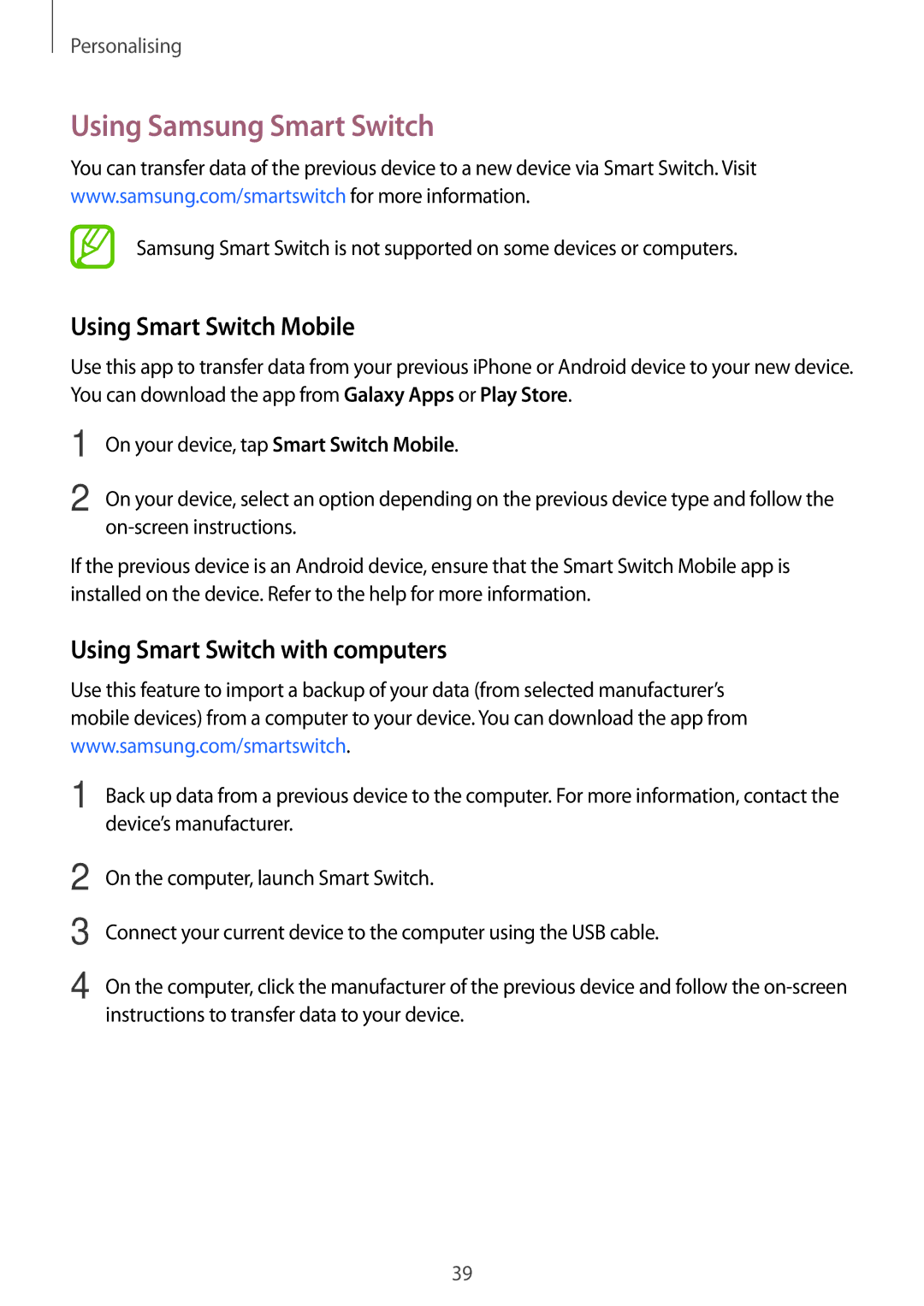 Samsung SM-G360FZWAVIP manual Using Samsung Smart Switch, Using Smart Switch Mobile, Using Smart Switch with computers 