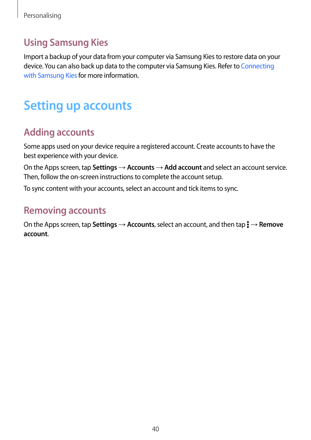 Samsung SM-G360FHAASEE, SM-G360FZSAXEF manual Setting up accounts, Using Samsung Kies, Adding accounts, Removing accounts 