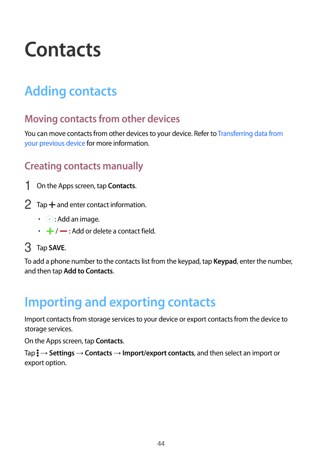 Samsung SM-G360FZWAO2C Contacts, Adding contacts, Importing and exporting contacts, Moving contacts from other devices 