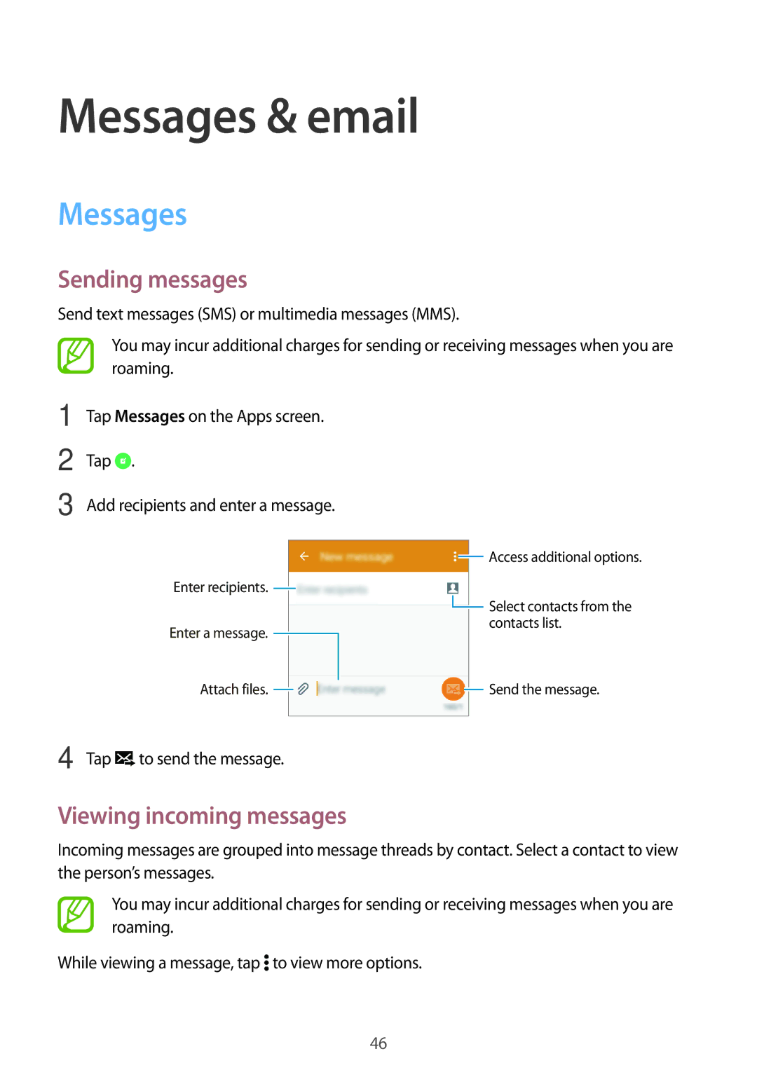 Samsung SM-G360FZWAPAN, SM-G360FZSAXEF, SM-G360FHAASFR manual Messages & email, Sending messages, Viewing incoming messages 