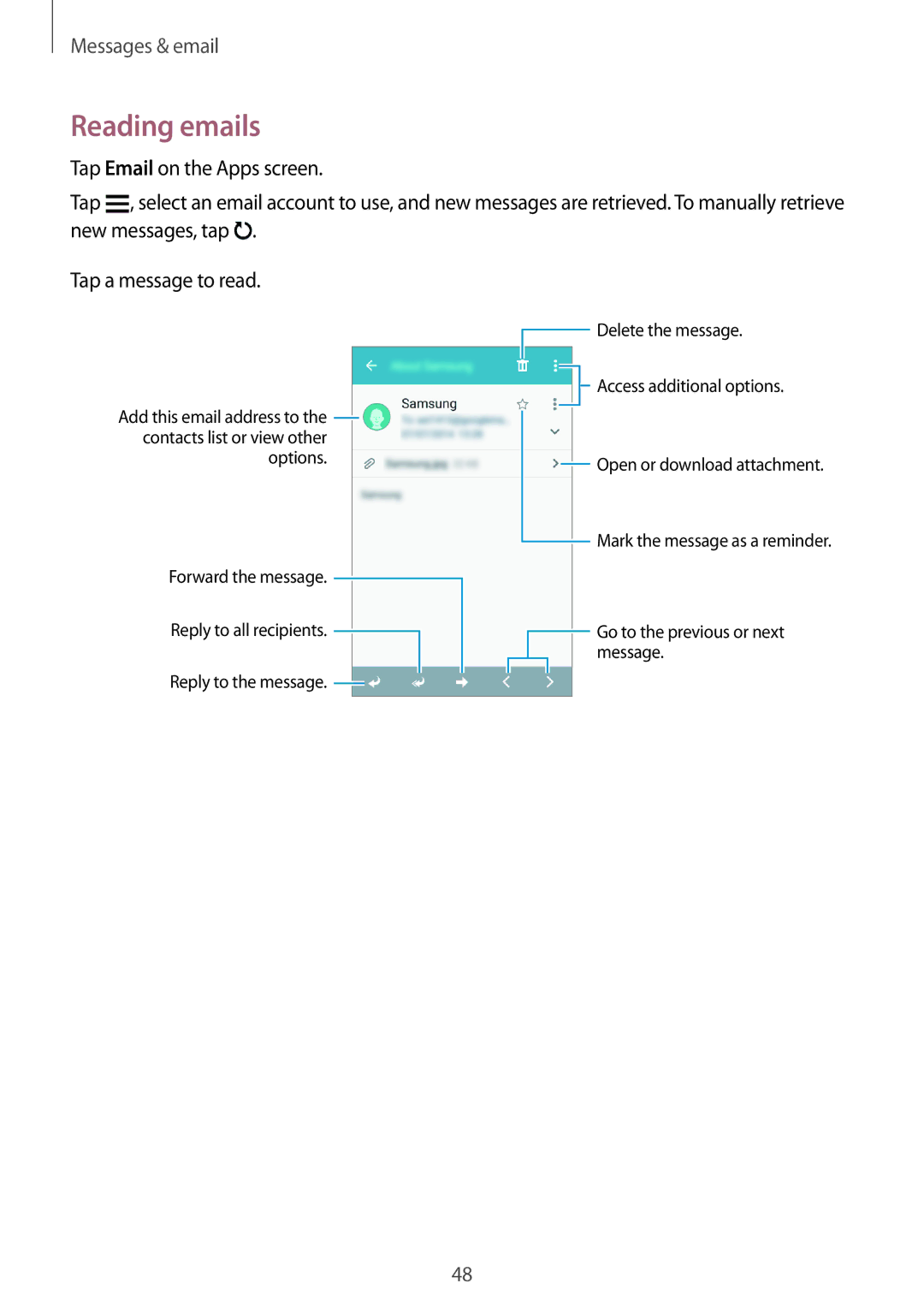 Samsung SM-G360FHAAVDC, SM-G360FZSAXEF, SM-G360FHAASFR, SM-G360FHAAVGF, SM-G360FZWAVGF, SM-G360FHAAXEF manual Reading emails 