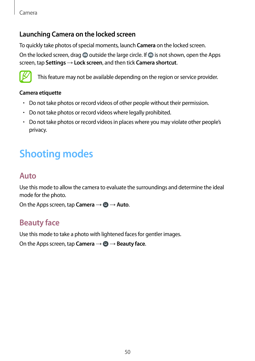 Samsung SM-G360FHAAAUT manual Shooting modes, Auto, Beauty face, Launching Camera on the locked screen, Camera etiquette 