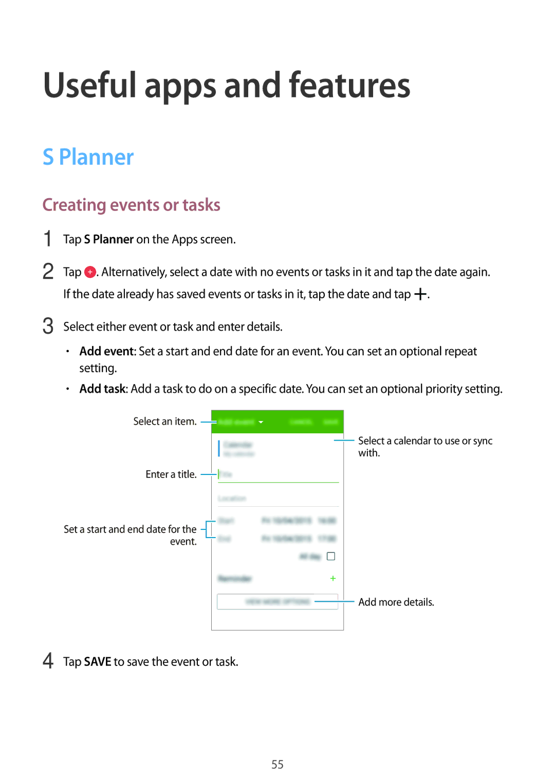 Samsung SM-G360FZSAETL, SM-G360FZSAXEF, SM-G360FHAASFR manual Useful apps and features, Planner, Creating events or tasks 