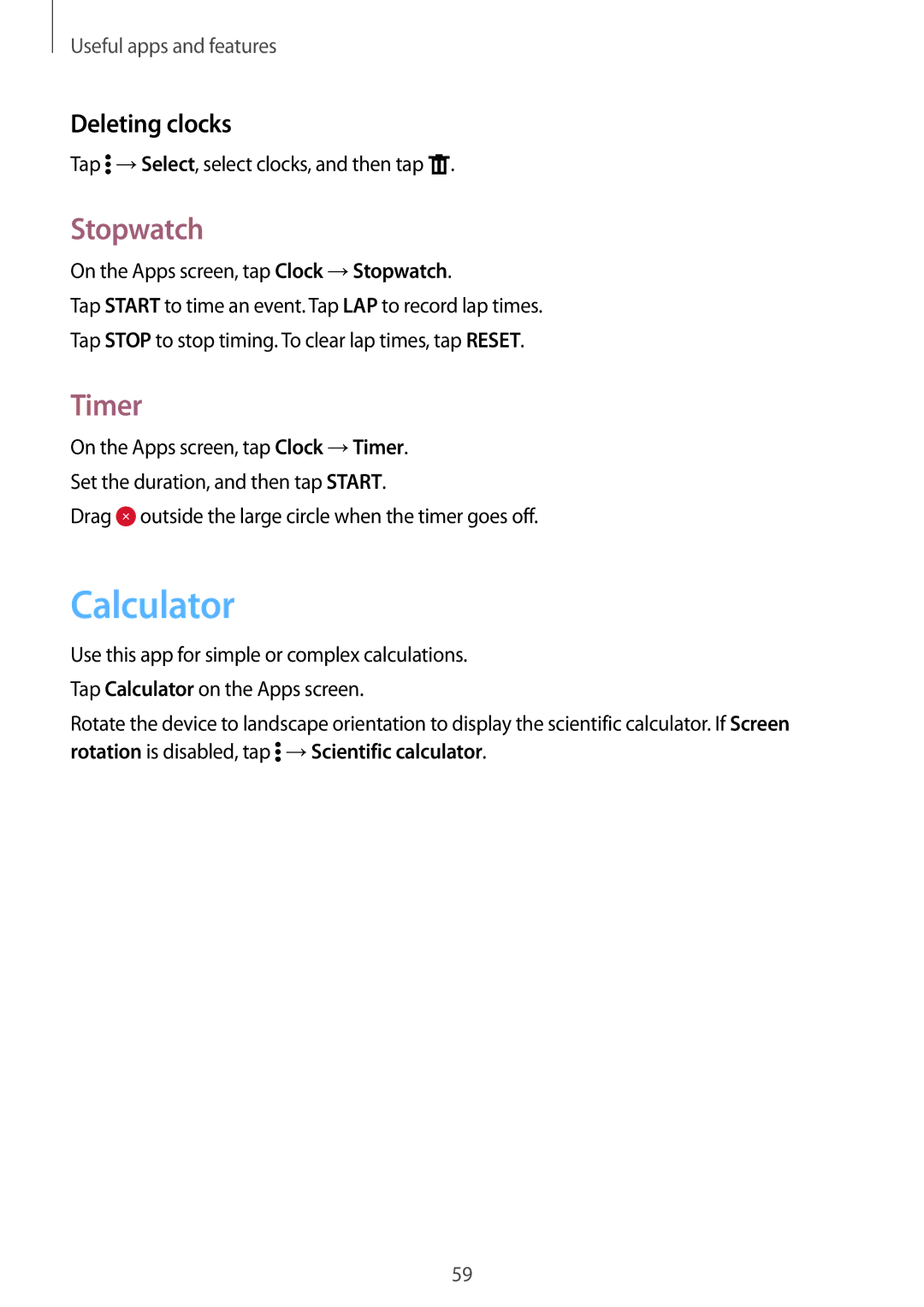 Samsung SM-G360FZSAATO, SM-G360FZSAXEF, SM-G360FHAASFR, SM-G360FHAAVGF manual Calculator, Stopwatch, Timer, Deleting clocks 