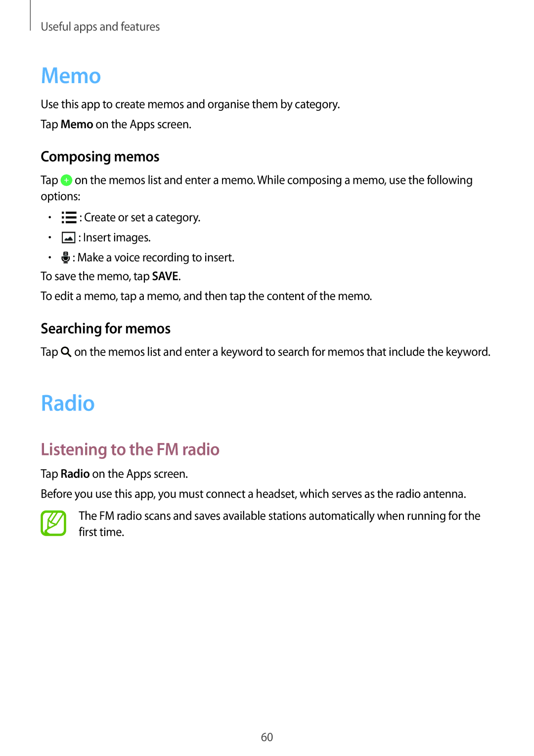 Samsung SM-G360FZWAORX, SM-G360FZSAXEF manual Memo, Radio, Listening to the FM radio, Composing memos, Searching for memos 