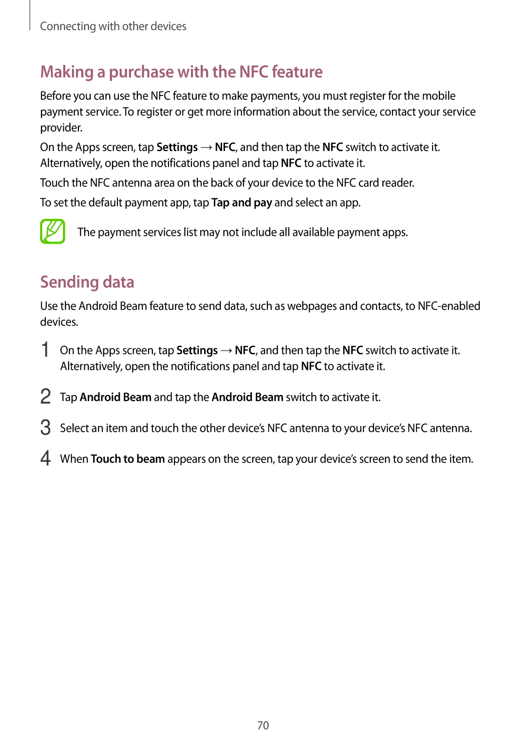 Samsung SM2G360FZSAETL, SM-G360FZSAXEF, SM-G360FHAASFR, SM-G360FHAAVGF Making a purchase with the NFC feature, Sending data 