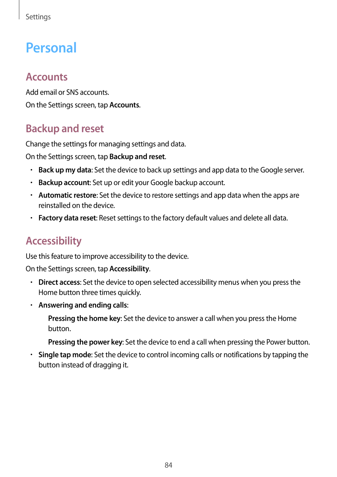 Samsung SM-G360FZWASEB, SM-G360FZSAXEF, SM-G360FHAASFR, SM-G360FHAAVGF Personal, Accounts, Backup and reset, Accessibility 