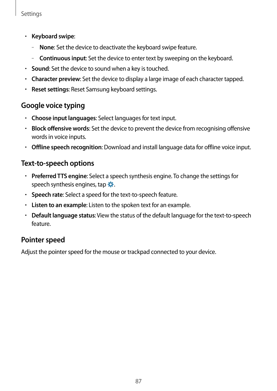 Samsung SM-G360FZSAXEF, SM-G360FHAASFR manual Google voice typing, Text-to-speech options, Pointer speed, Keyboard swipe 