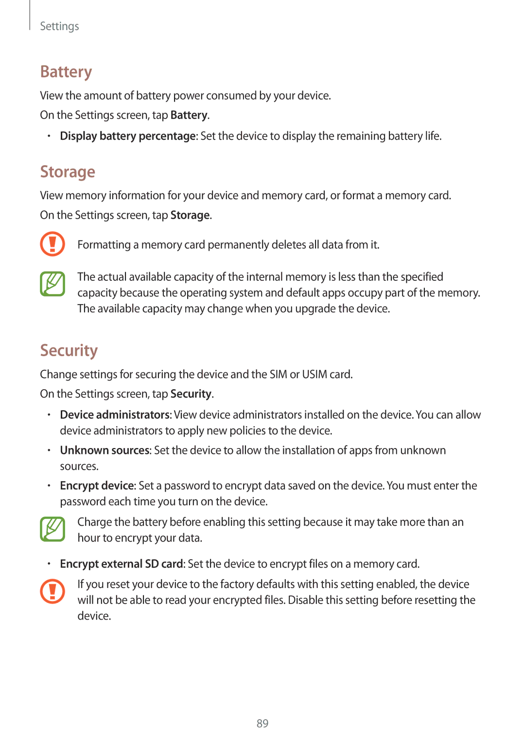 Samsung SM-G360FHAAVGF, SM-G360FZSAXEF, SM-G360FHAASFR, SM-G360FZWAVGF, SM-G360FHAAXEF manual Battery, Storage, Security 