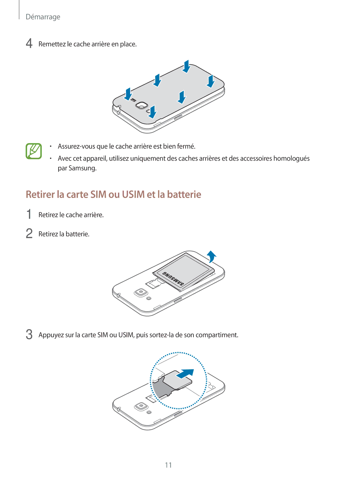 Samsung SM-G360FHAAXEF, SM-G360FZSAXEF, SM-G360FHAASFR, SM-G360FHAAVGF manual Retirer la carte SIM ou Usim et la batterie 