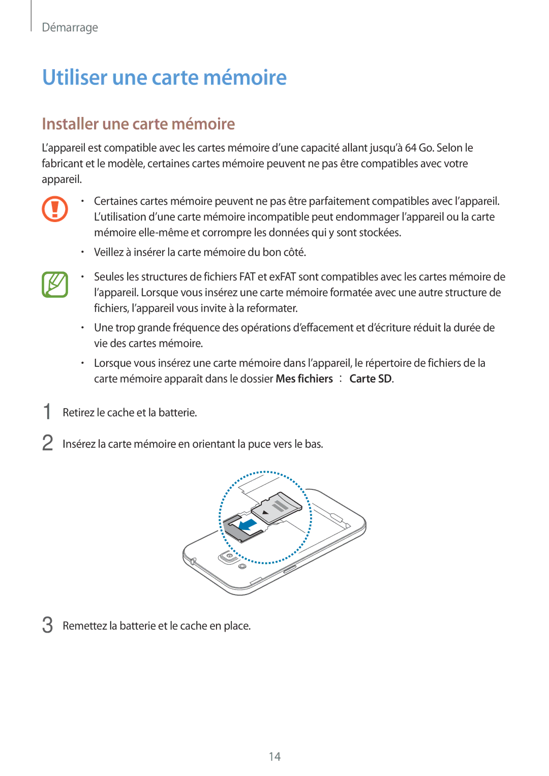 Samsung SM-G360FZSAXEF, SM-G360FHAASFR, SM-G360FHAAVGF manual Utiliser une carte mémoire, Installer une carte mémoire 