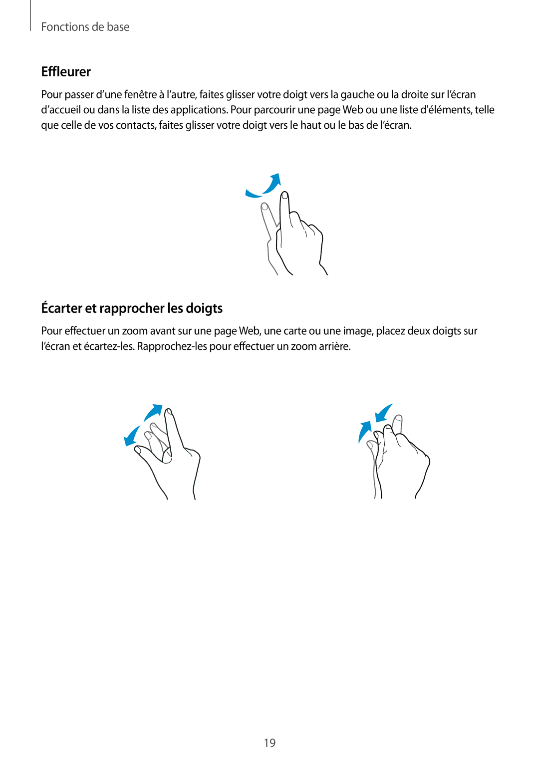 Samsung SM-G360FZWAXEF, SM-G360FZSAXEF, SM-G360FHAASFR, SM-G360FHAAVGF manual Effleurer, Écarter et rapprocher les doigts 