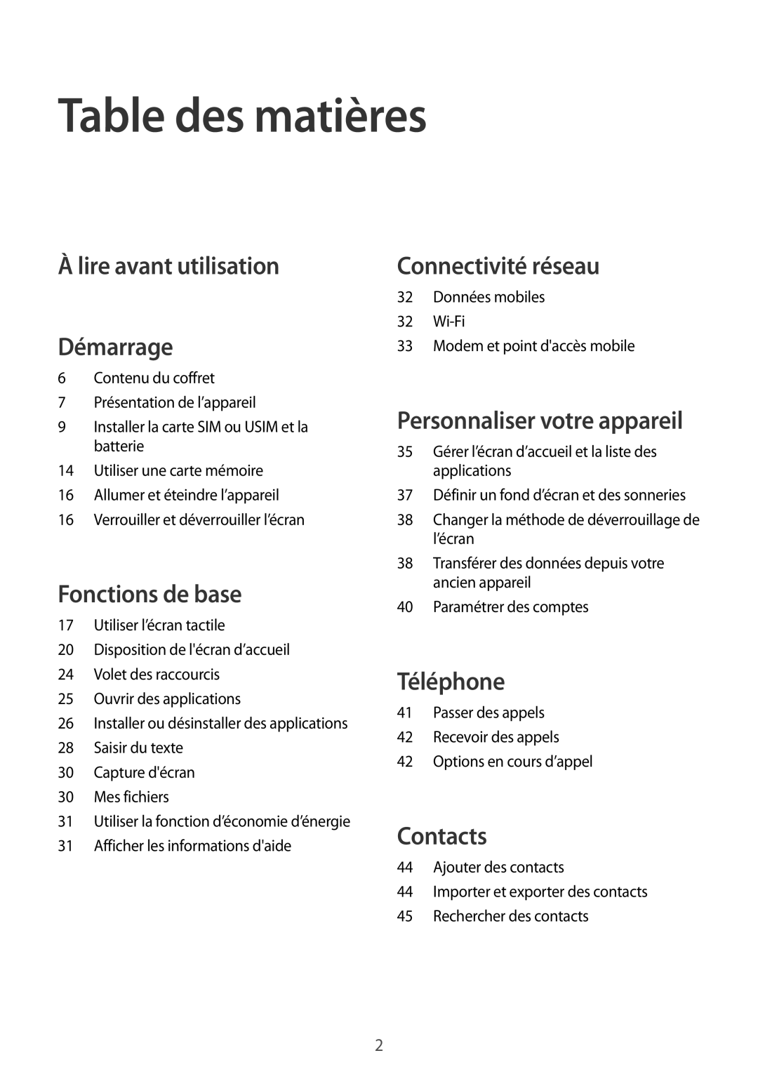 Samsung SM-G360FHAAVGF, SM-G360FZSAXEF, SM-G360FHAASFR, SM-G360FZWAVGF Table des matières, Lire avant utilisation Démarrage 