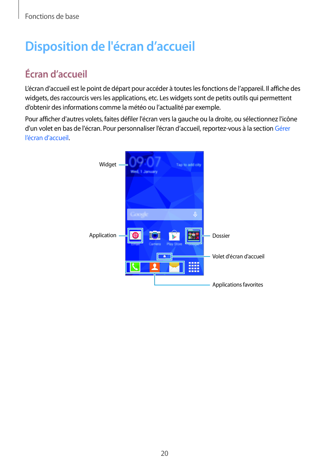 Samsung SM-G360FZWASFR, SM-G360FZSAXEF, SM-G360FHAASFR, SM-G360FHAAVGF manual Disposition de lécran d’accueil, Écran d’accueil 