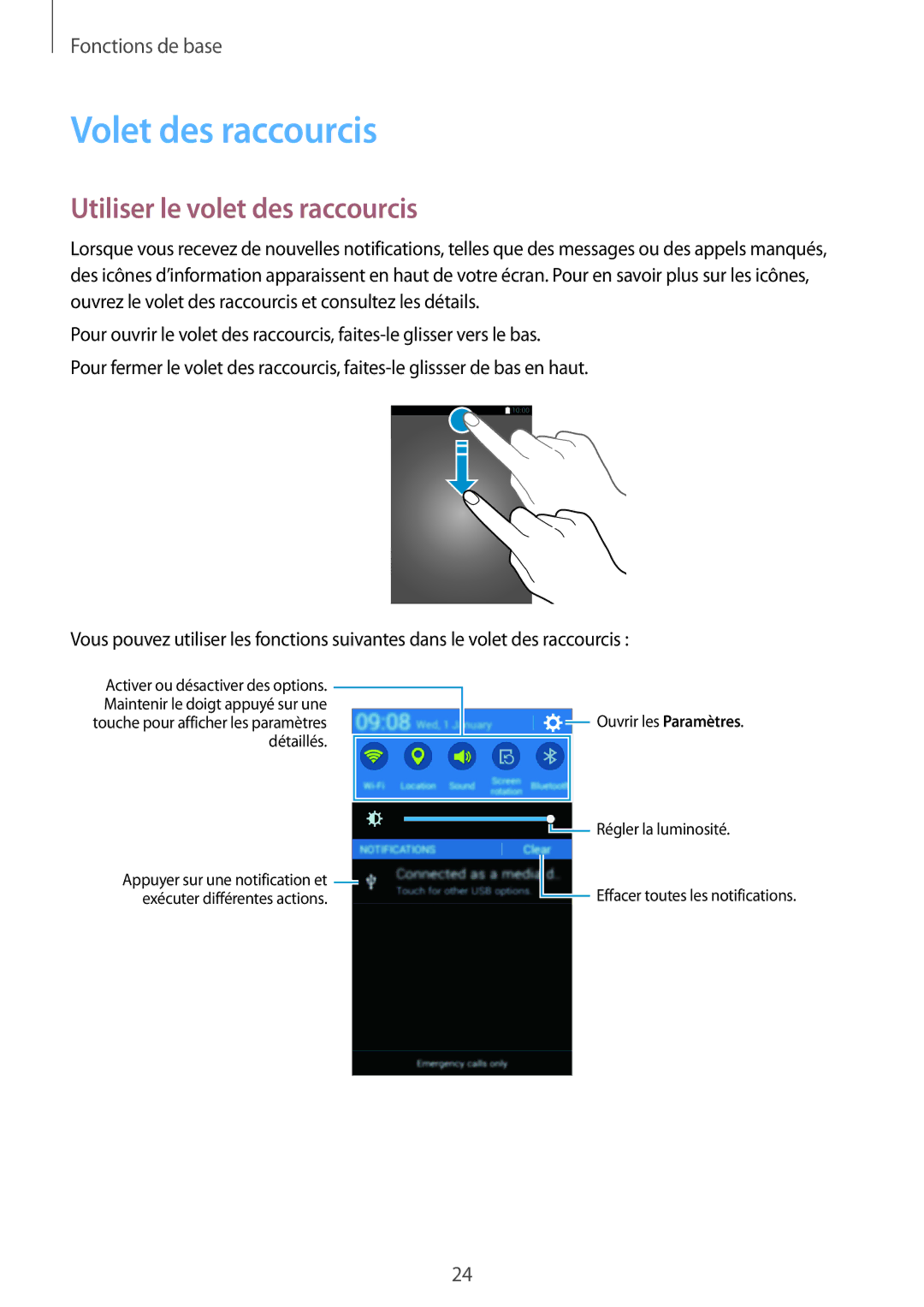 Samsung SM-G360FZWAVGF, SM-G360FZSAXEF, SM-G360FHAASFR manual Volet des raccourcis, Utiliser le volet des raccourcis 