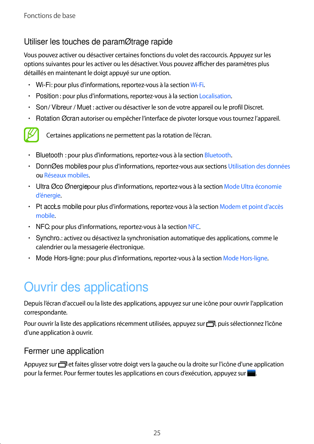 Samsung SM-G360FHAAXEF manual Ouvrir des applications, Utiliser les touches de paramétrage rapide, Fermer une application 