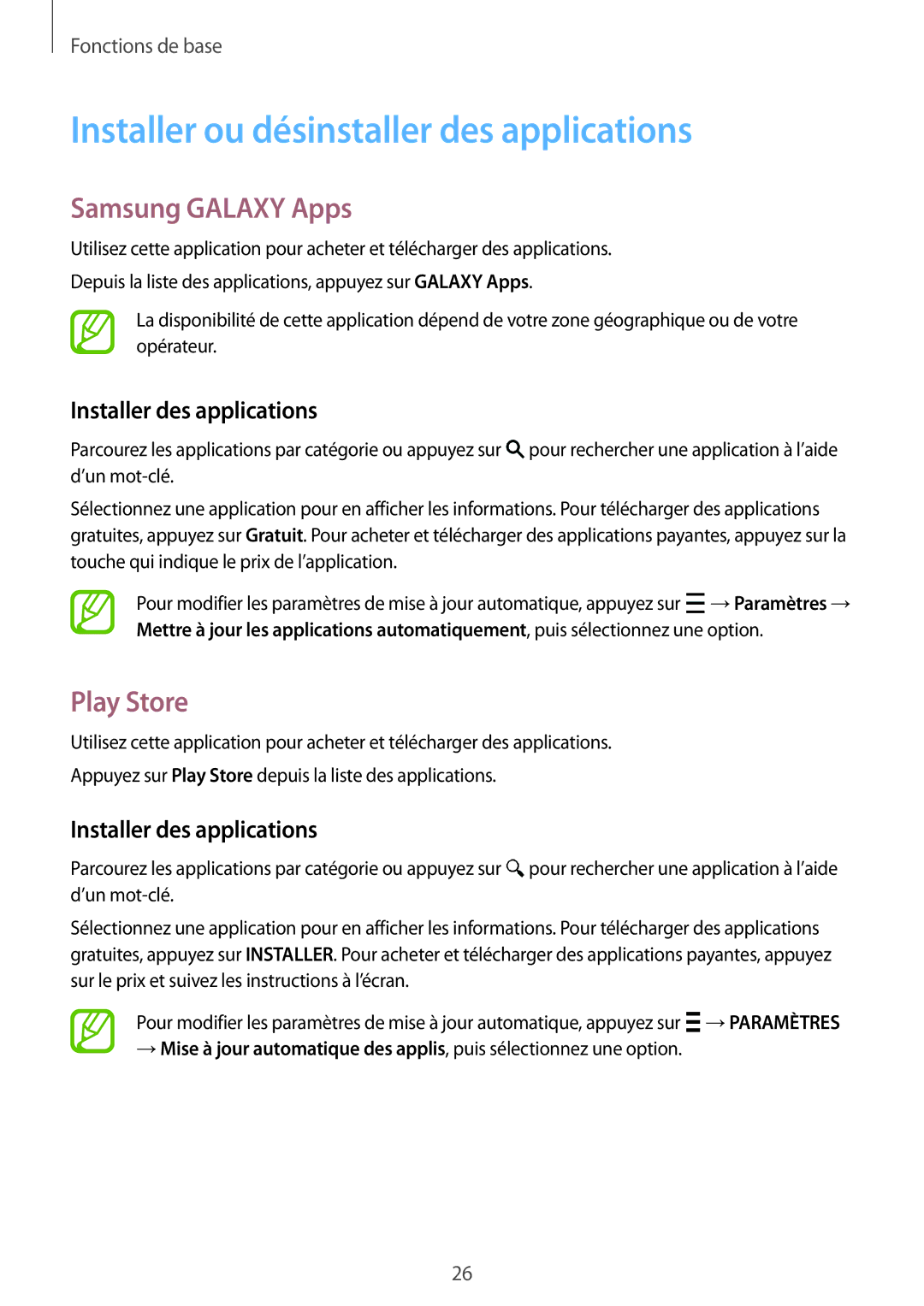 Samsung SM-G360FZWAXEF, SM-G360FZSAXEF manual Installer ou désinstaller des applications, Samsung Galaxy Apps, Play Store 