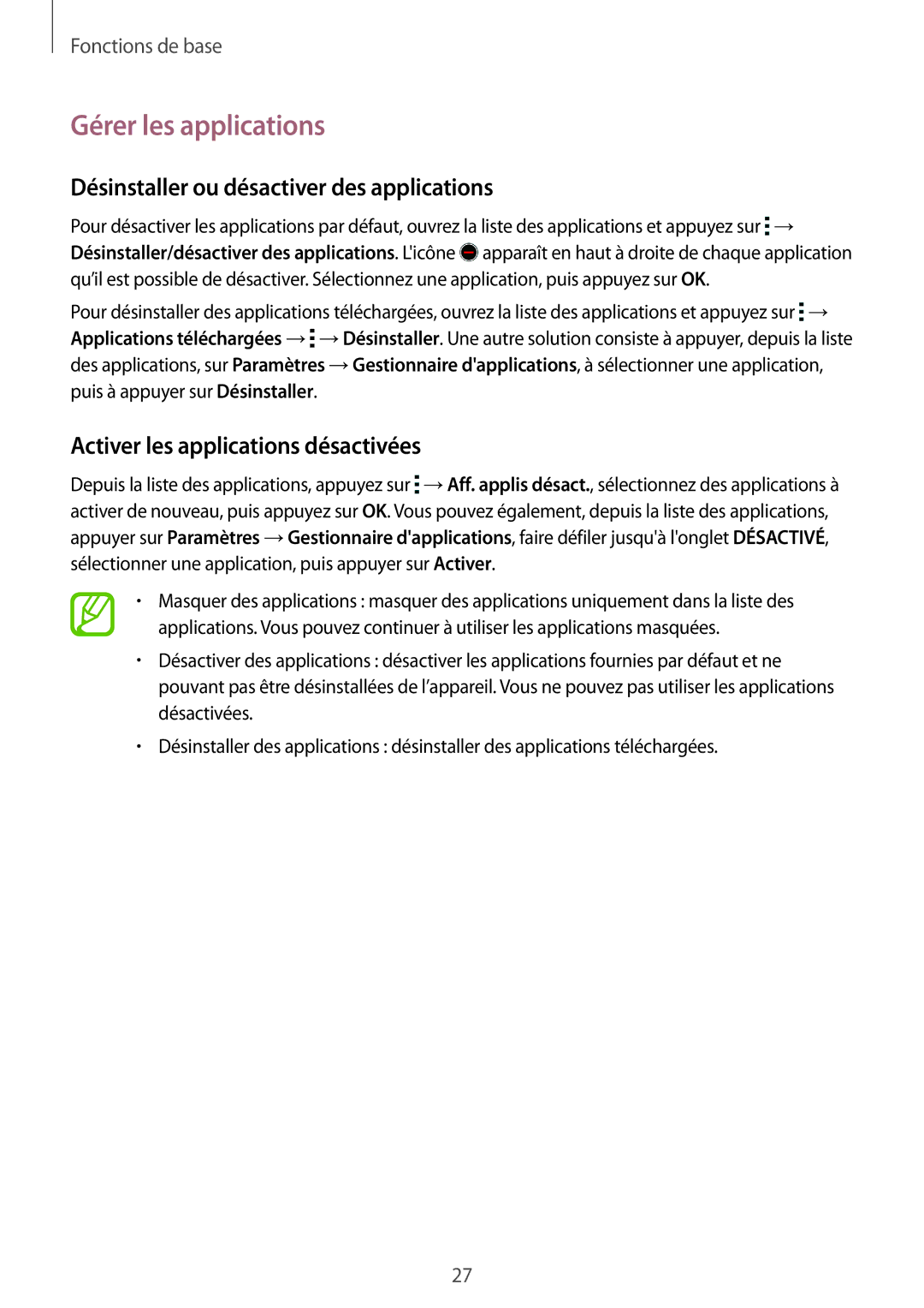 Samsung SM-G360FZWASFR, SM-G360FZSAXEF, SM-G360FHAASFR Gérer les applications, Désinstaller ou désactiver des applications 