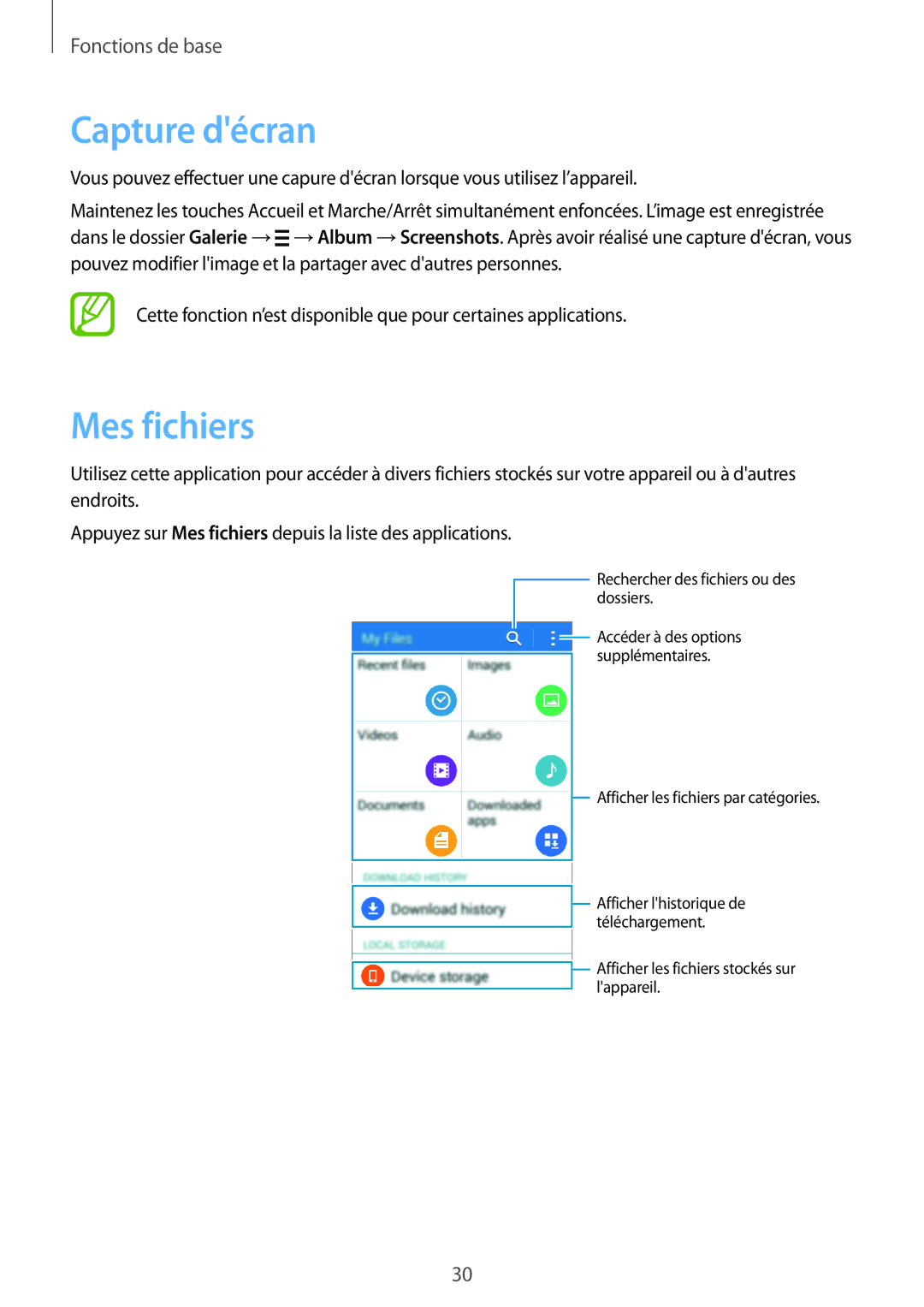 Samsung SM-G360FHAAVGF, SM-G360FZSAXEF, SM-G360FHAASFR, SM-G360FZWAVGF, SM-G360FHAAXEF manual Capture décran, Mes fichiers 