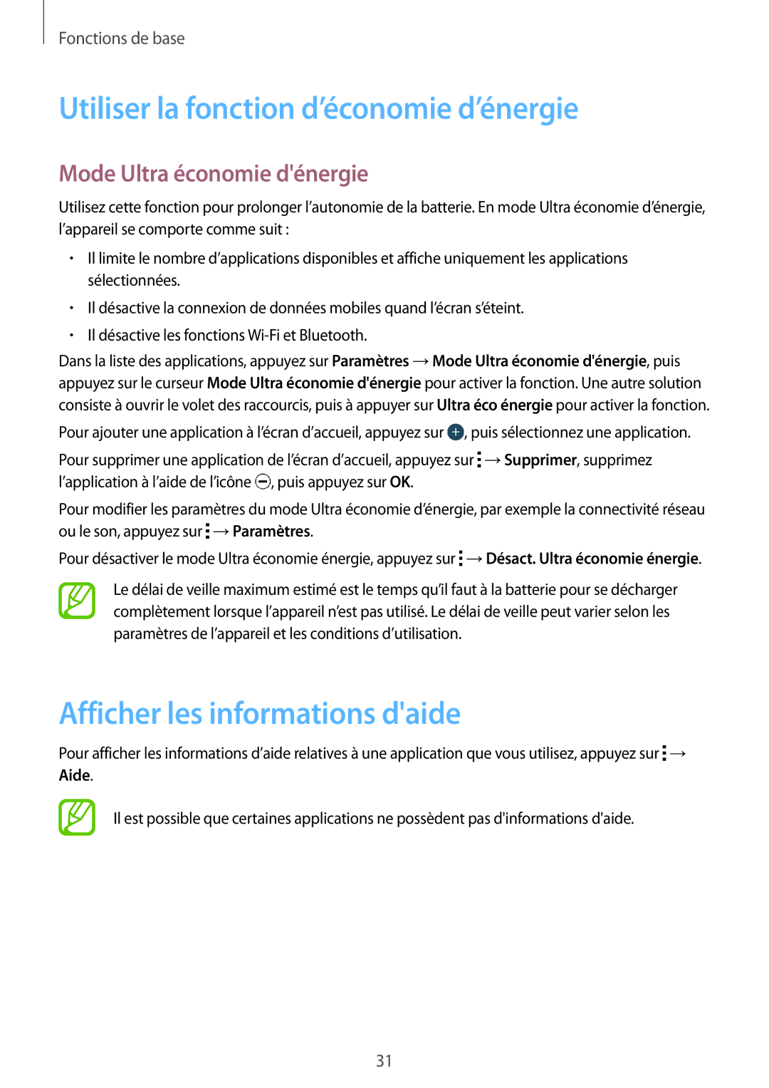 Samsung SM-G360FZWAVGF, SM-G360FZSAXEF manual Utiliser la fonction d’économie d’énergie, Afficher les informations daide 