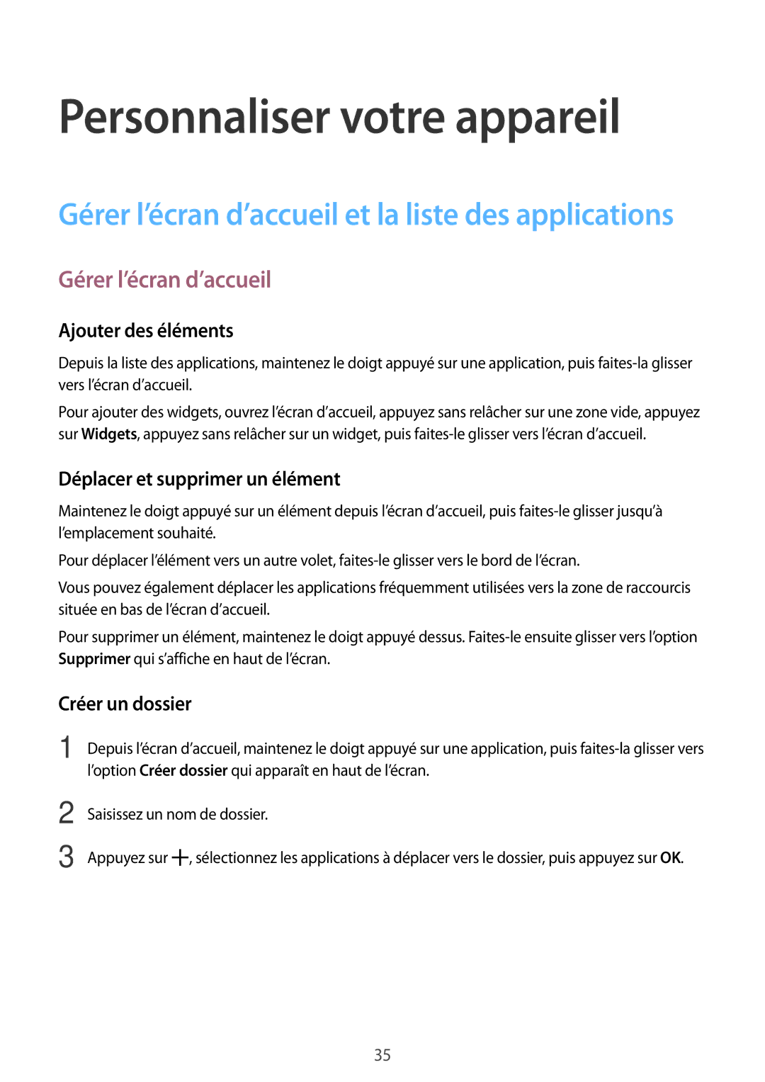 Samsung SM-G360FZSAXEF manual Personnaliser votre appareil, Gérer l’écran d’accueil, Ajouter des éléments, Créer un dossier 