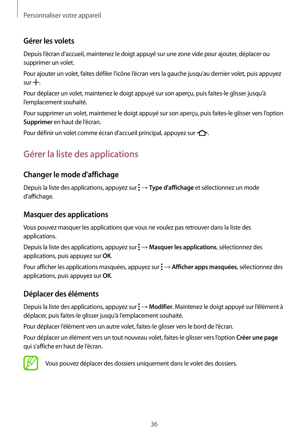 Samsung SM-G360FHAASFR, SM-G360FZSAXEF manual Gérer la liste des applications, Gérer les volets, Changer le mode daffichage 