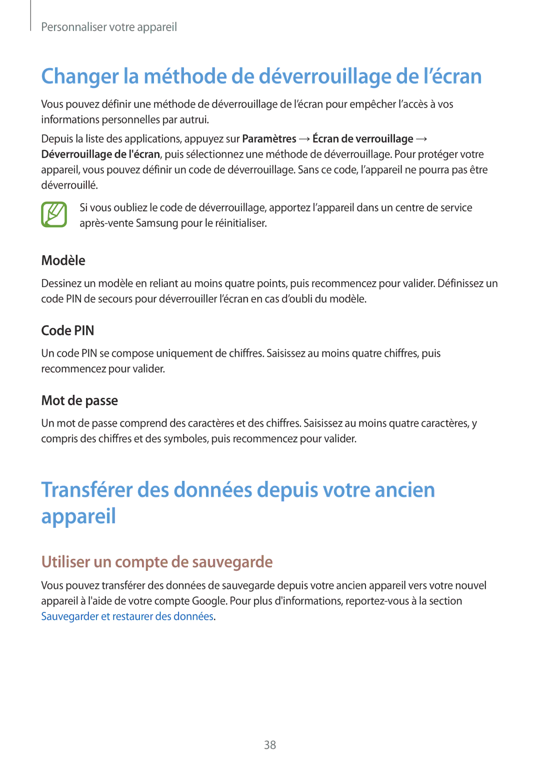 Samsung SM-G360FZWAVGF manual Transférer des données depuis votre ancien appareil, Utiliser un compte de sauvegarde, Modèle 