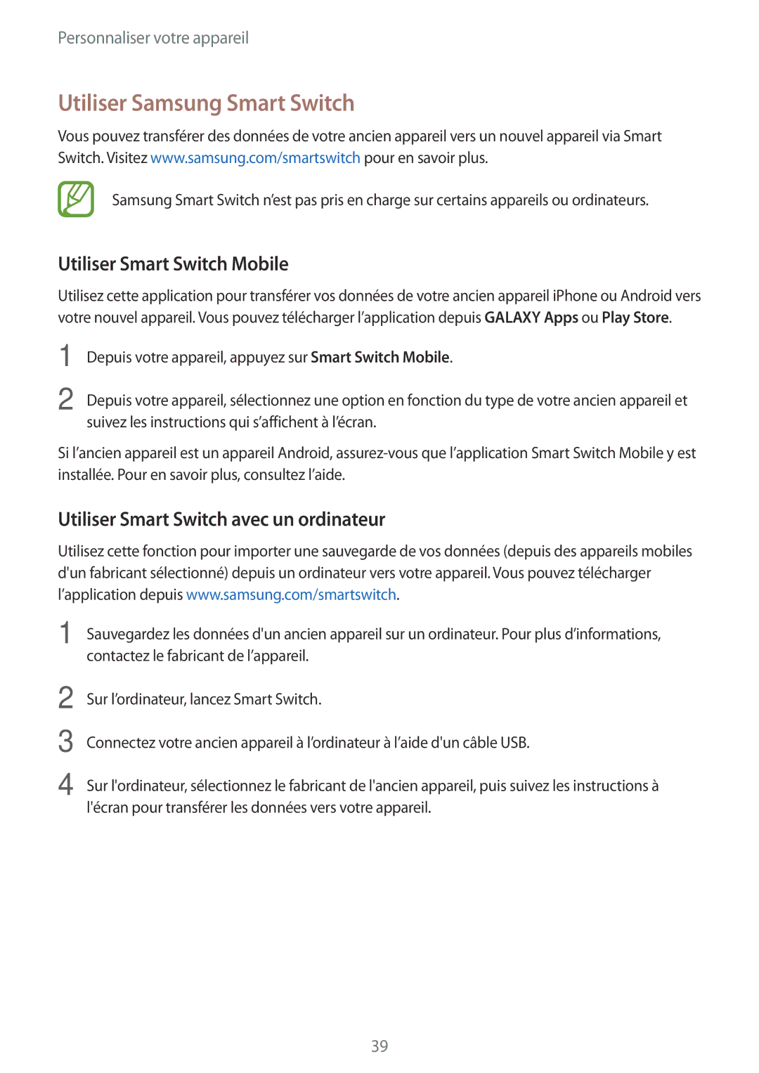 Samsung SM-G360FHAAXEF, SM-G360FZSAXEF, SM-G360FHAASFR manual Utiliser Samsung Smart Switch, Utiliser Smart Switch Mobile 