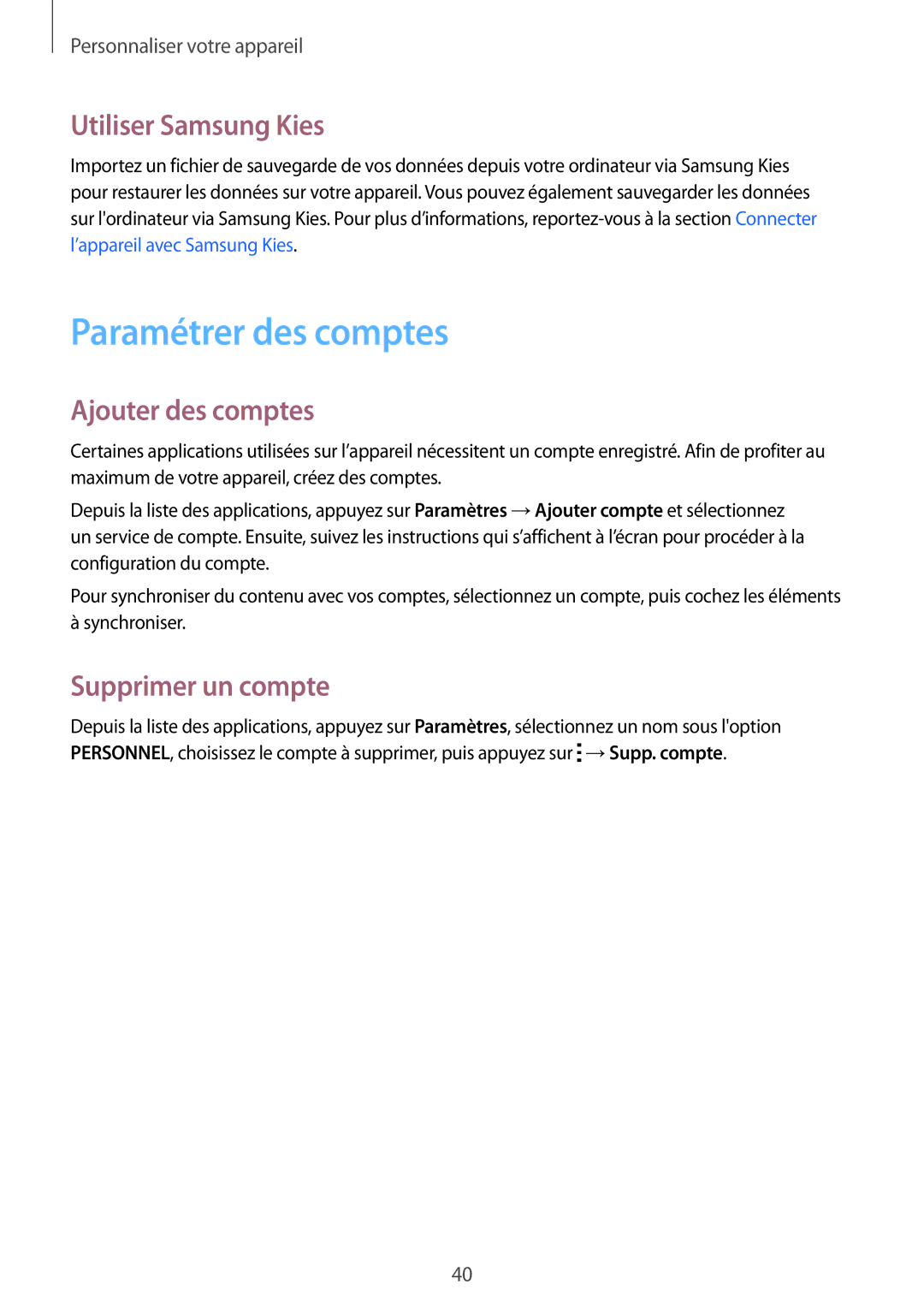 Samsung SM-G360FZWAXEF manual Paramétrer des comptes, Utiliser Samsung Kies, Ajouter des comptes, Supprimer un compte 