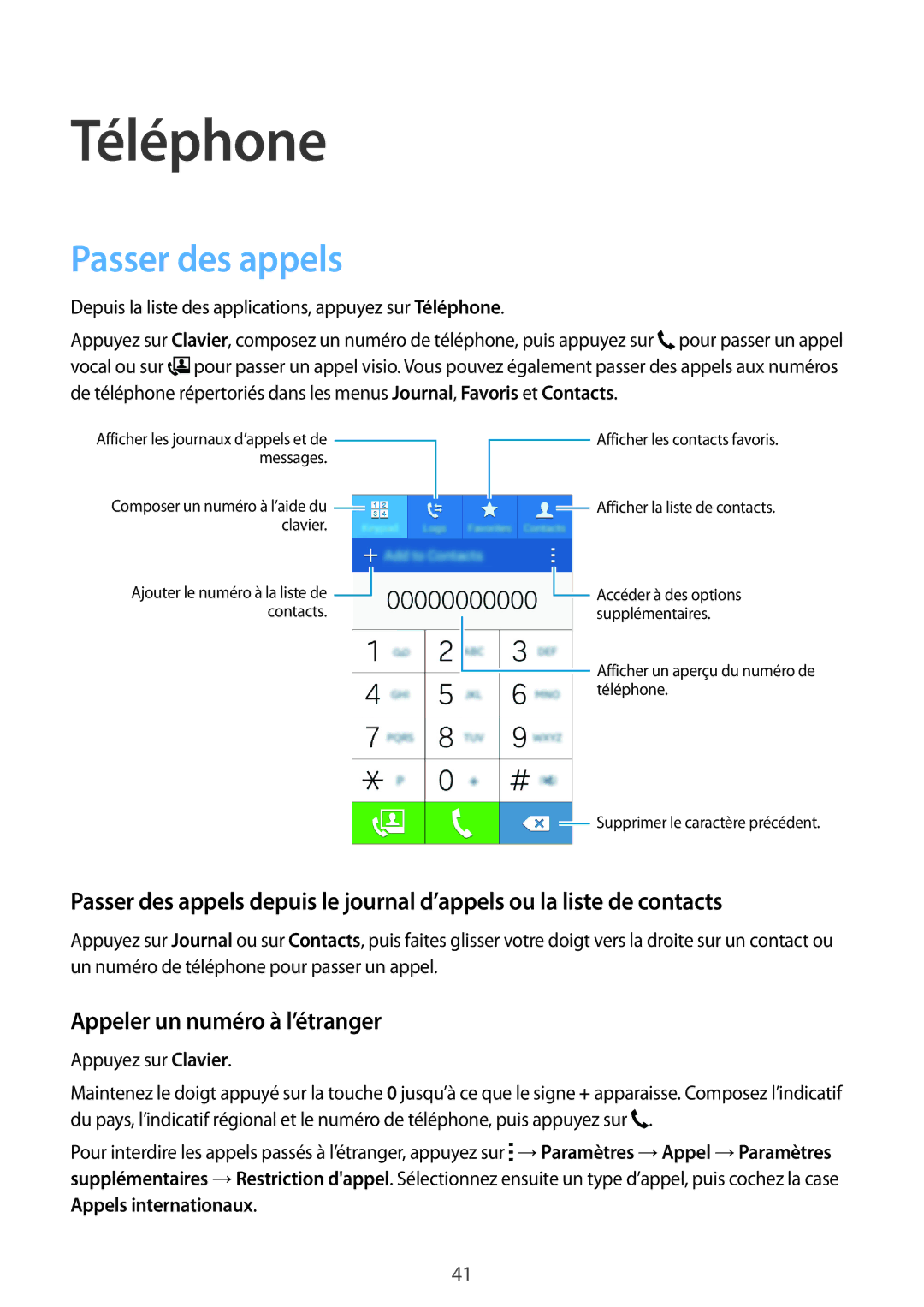 Samsung SM-G360FZWASFR, SM-G360FZSAXEF, SM-G360FHAASFR manual Téléphone, Passer des appels, Appeler un numéro à l’étranger 