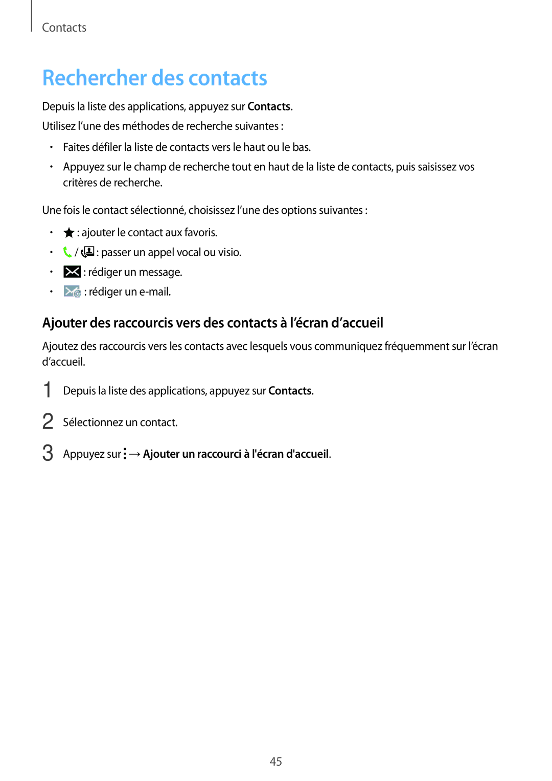 Samsung SM-G360FZWAVGF, SM-G360FZSAXEF manual Rechercher des contacts, Appuyez sur →Ajouter un raccourci à lécran daccueil 