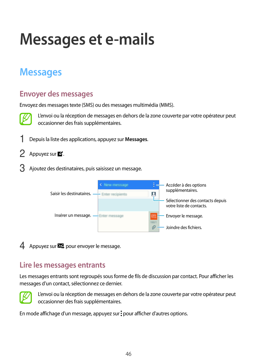 Samsung SM-G360FHAAXEF, SM-G360FZSAXEF manual Messages et e-mails, Envoyer des messages, Lire les messages entrants 