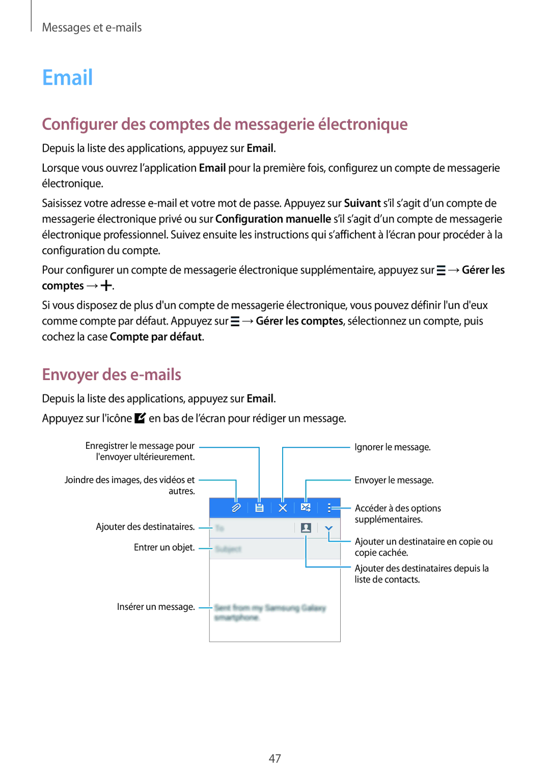 Samsung SM-G360FZWAXEF, SM-G360FZSAXEF manual Configurer des comptes de messagerie électronique, Envoyer des e-mails 