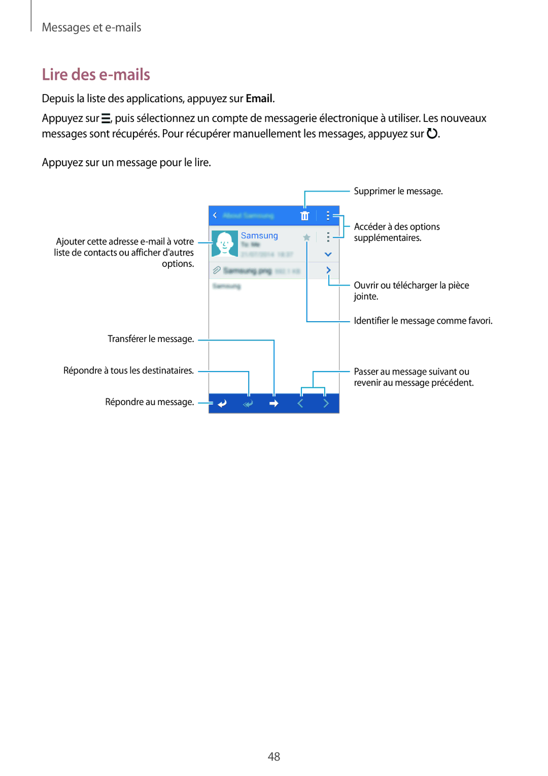 Samsung SM-G360FZWASFR, SM-G360FZSAXEF manual Lire des e-mails, Depuis la liste des applications, appuyez sur Email 