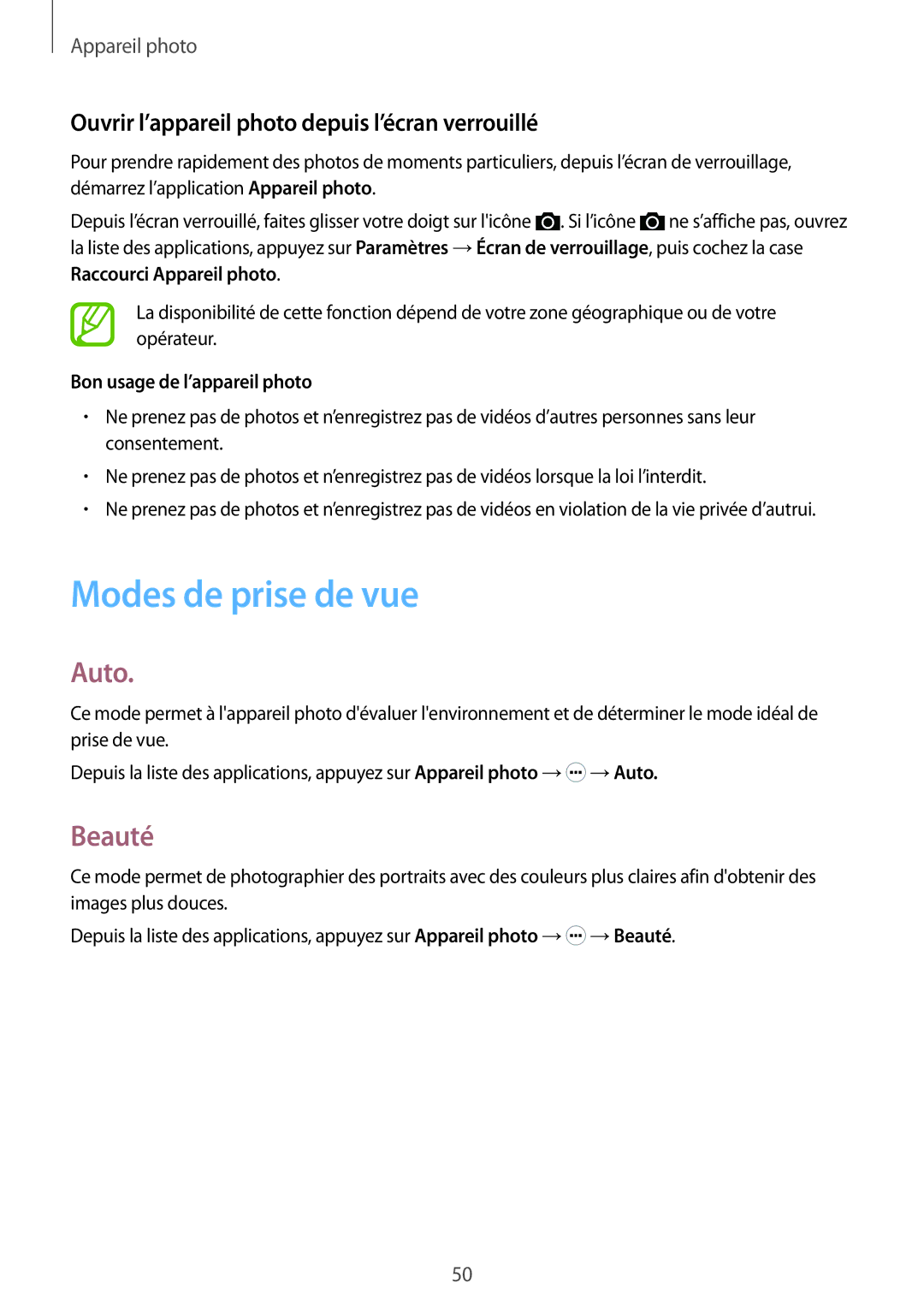 Samsung SM-G360FHAASFR manual Modes de prise de vue, Auto, Beauté, Ouvrir l’appareil photo depuis l’écran verrouillé 