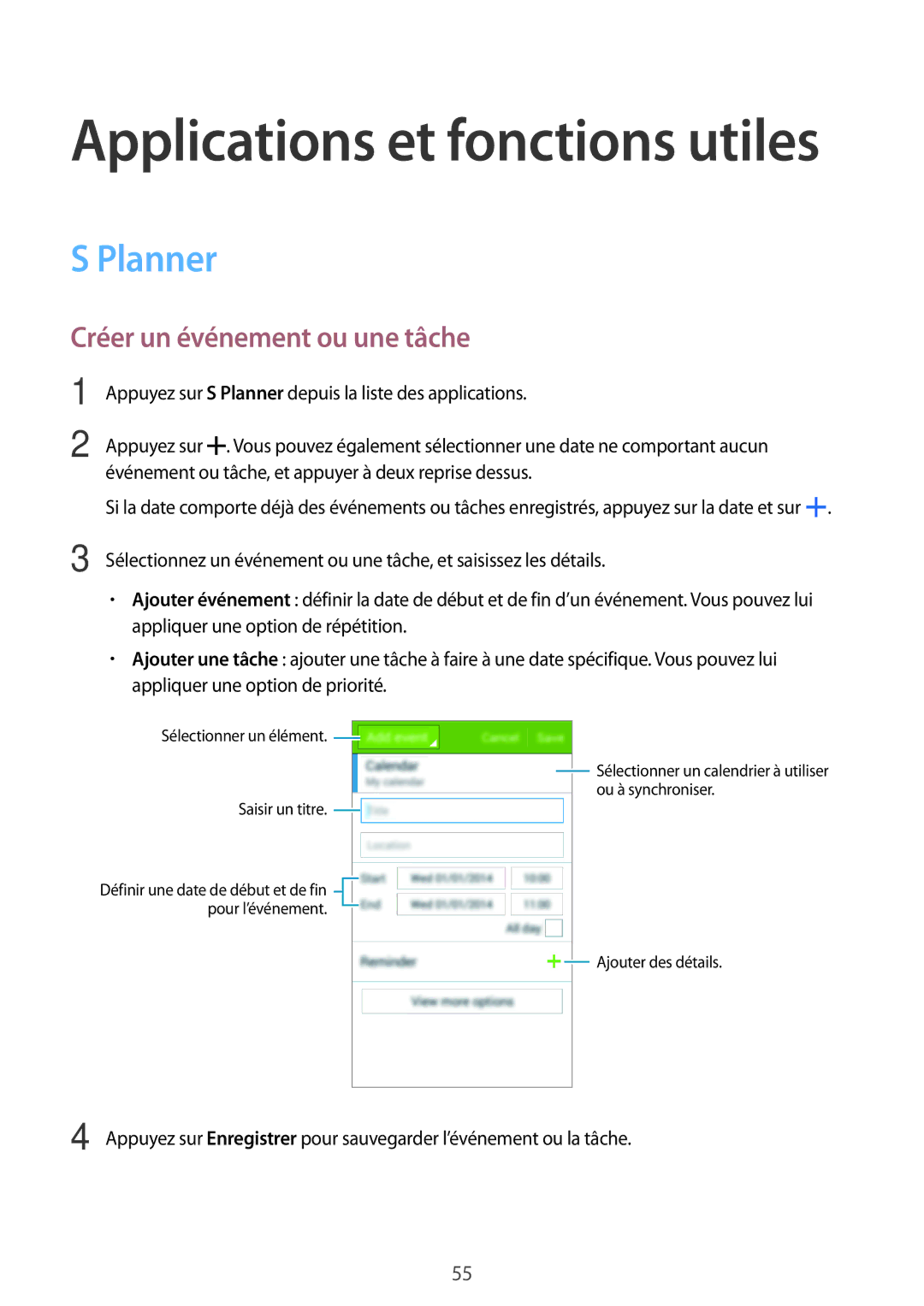 Samsung SM-G360FZWASFR, SM-G360FZSAXEF, SM-G360FHAASFR, SM-G360FHAAVGF manual Planner, Créer un événement ou une tâche 