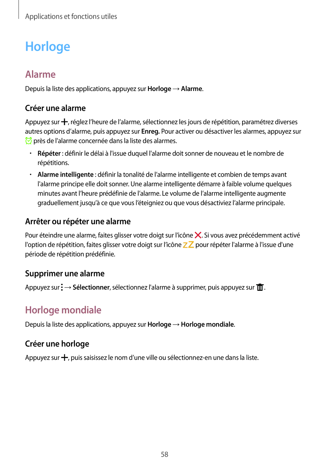 Samsung SM-G360FHAAVGF, SM-G360FZSAXEF, SM-G360FHAASFR, SM-G360FZWAVGF, SM-G360FHAAXEF manual Alarme, Horloge mondiale 