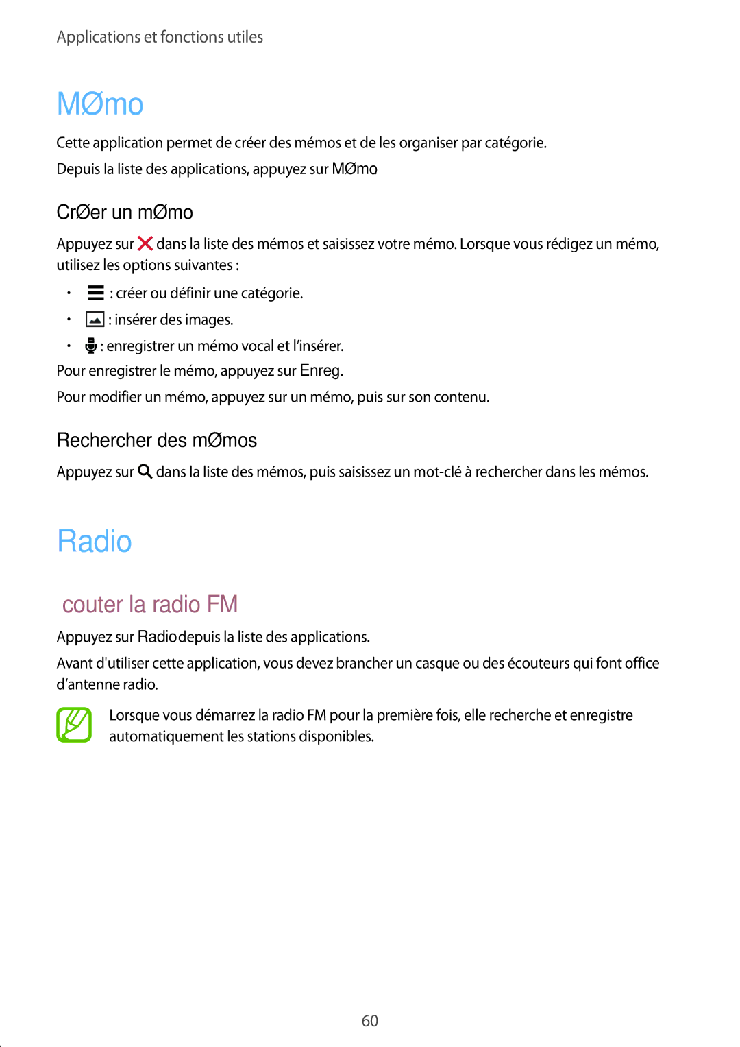 Samsung SM-G360FHAAXEF, SM-G360FZSAXEF manual Mémo, Radio, Écouter la radio FM, Créer un mémo, Rechercher des mémos 