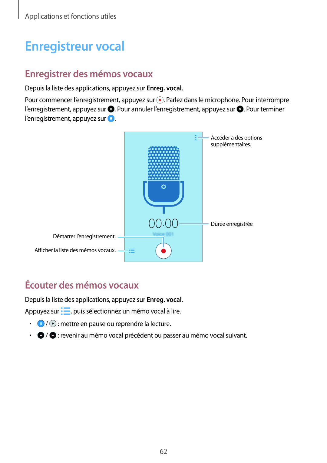 Samsung SM-G360FZWASFR, SM-G360FZSAXEF manual Enregistreur vocal, Enregistrer des mémos vocaux, Écouter des mémos vocaux 