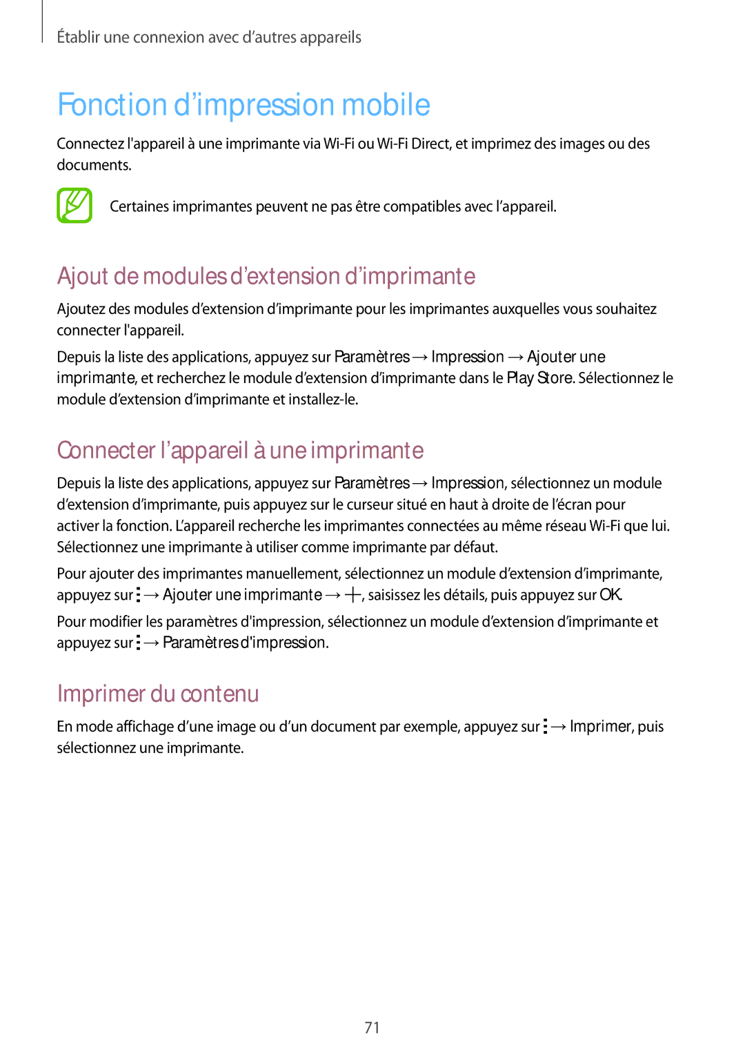 Samsung SM-G360FHAASFR manual Fonction d’impression mobile, Ajout de modules d’extension d’imprimante, Imprimer du contenu 