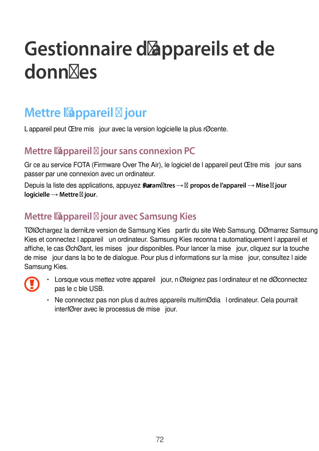 Samsung SM-G360FHAAVGF, SM-G360FZSAXEF, SM-G360FHAASFR Gestionnaire d’appareils et de données, Mettre l’appareil à jour 