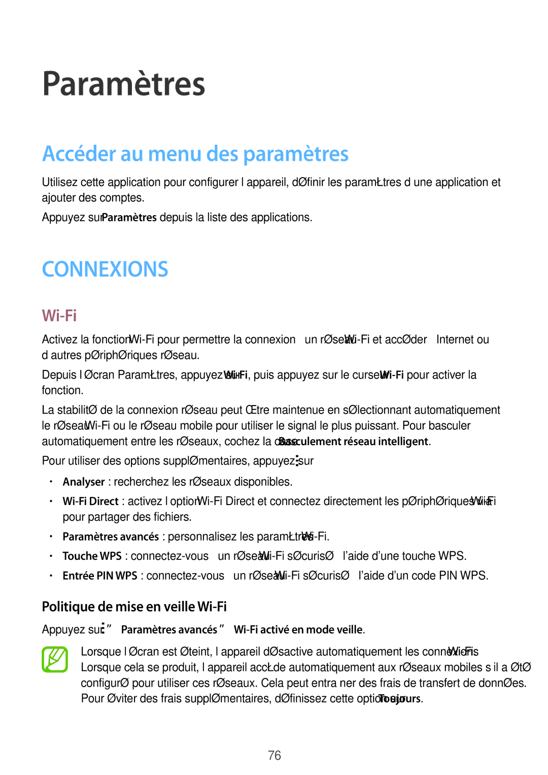 Samsung SM-G360FZWASFR, SM-G360FZSAXEF Paramètres, Accéder au menu des paramètres, Politique de mise en veille Wi-Fi 