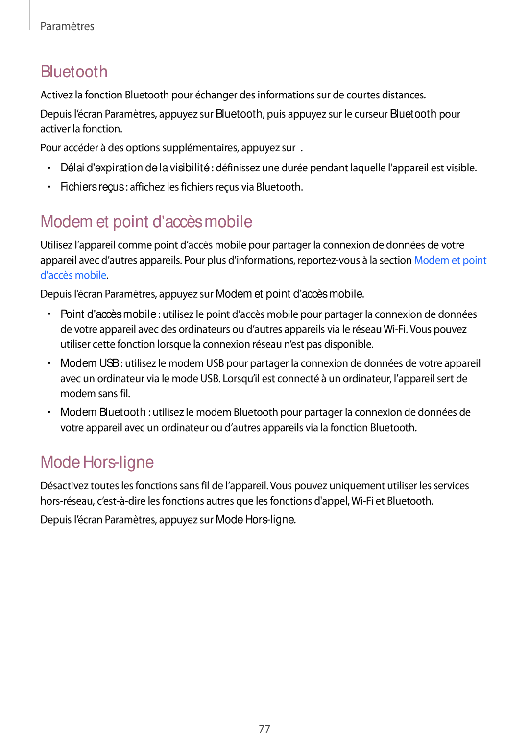 Samsung SM-G360FZSAXEF, SM-G360FHAASFR, SM-G360FHAAVGF manual Bluetooth, Modem et point daccès mobile, Mode Hors-ligne 