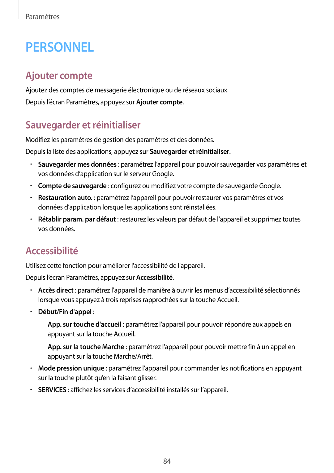 Samsung SM-G360FZSAXEF, SM-G360FHAASFR, SM-G360FHAAVGF manual Ajouter compte, Sauvegarder et réinitialiser, Accessibilité 