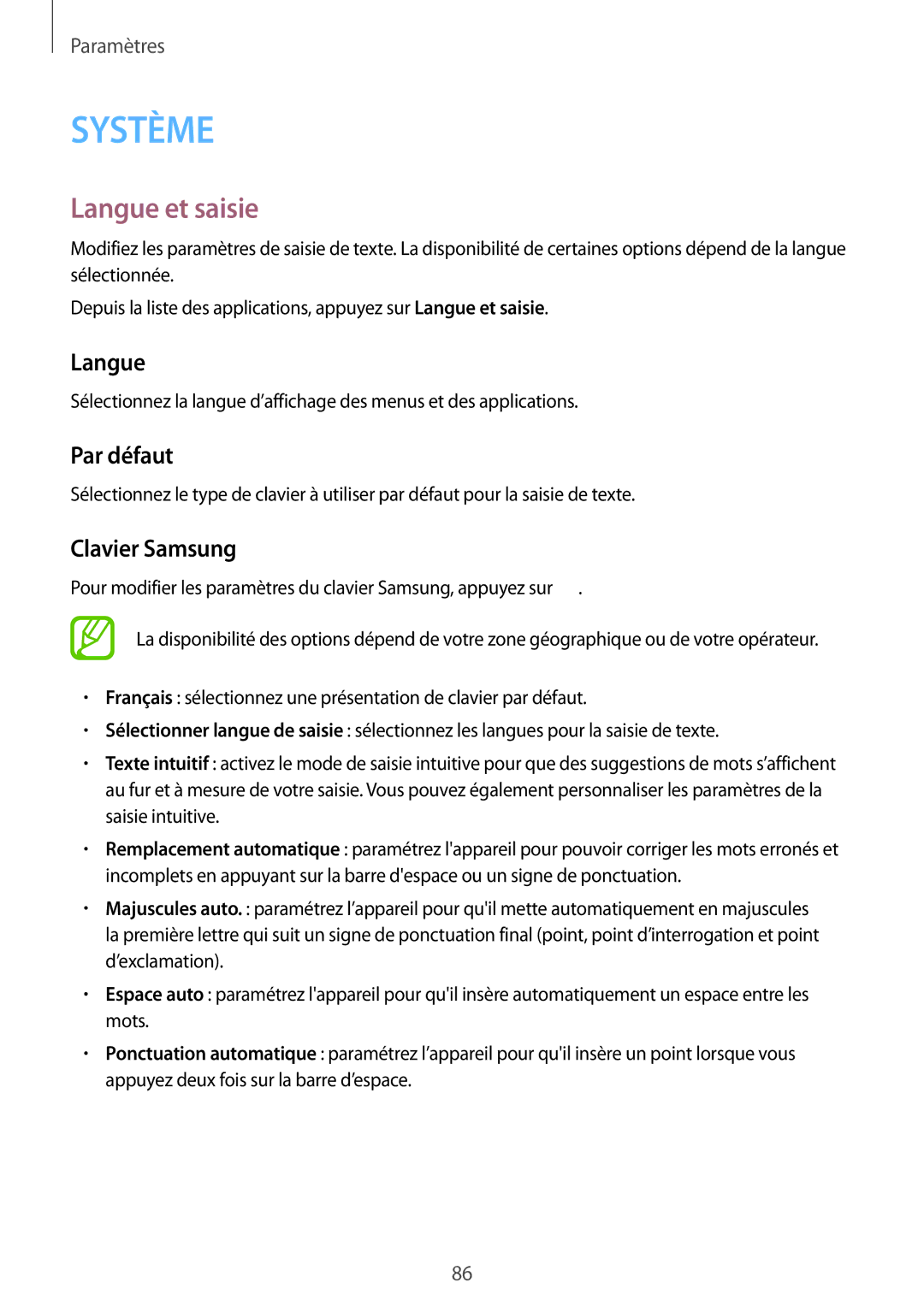 Samsung SM-G360FHAAVGF, SM-G360FZSAXEF, SM-G360FHAASFR, SM-G360FZWAVGF manual Langue et saisie, Par défaut, Clavier Samsung 