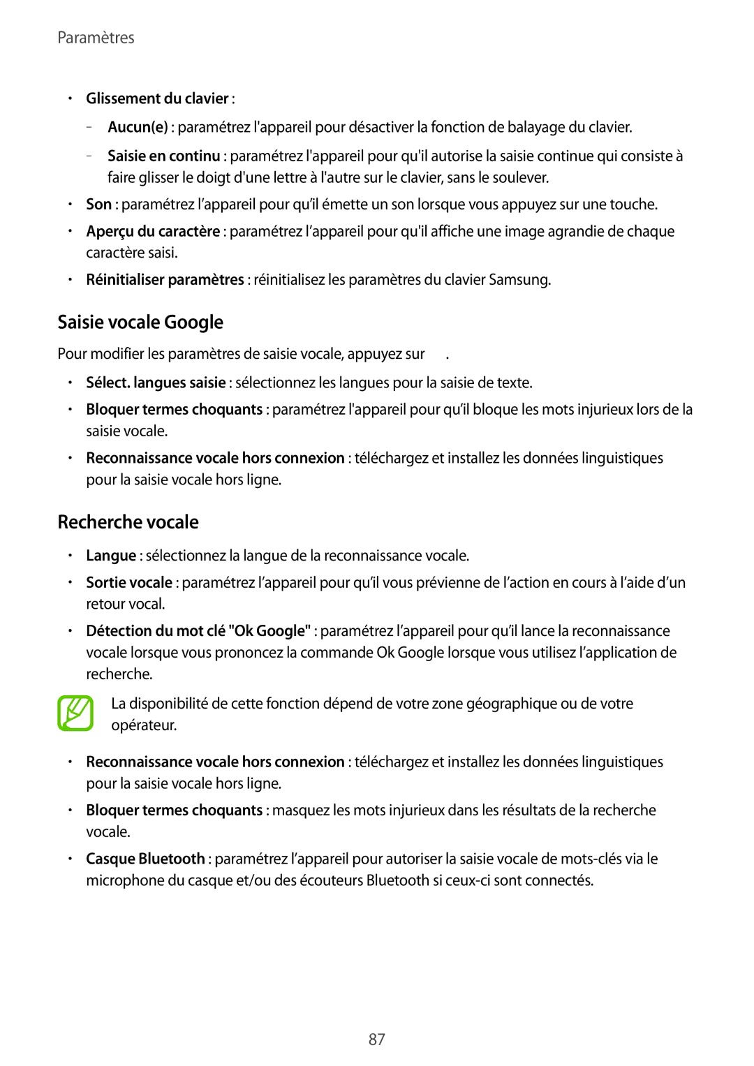 Samsung SM-G360FZWAVGF, SM-G360FZSAXEF, SM-G360FHAASFR manual Saisie vocale Google, Recherche vocale, Glissement du clavier 